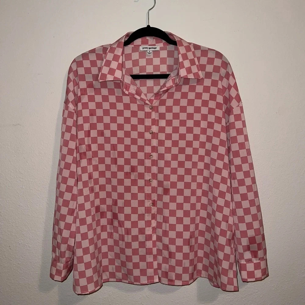 Pretty Garbage Pink Checkered Button Down Blouse